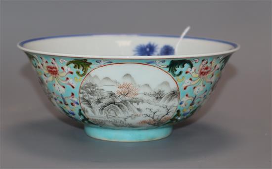 A Chinese turquoise ground medallion bowl, Daoguang mark but later diameter 15cm